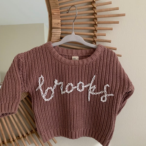 Custom Name Sweater for Babies, Toddlers, and Kids | Handmade Personalized Embroidery | Mocha & Cream colors