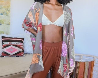 Flowy Kimono Duster with Floral Leaf Print
