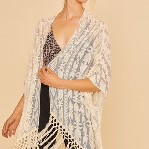 Ivory Lace Kimono Cardigan with Bohemian Accent Tassel Lacey Leaf Pattern for Spring summer