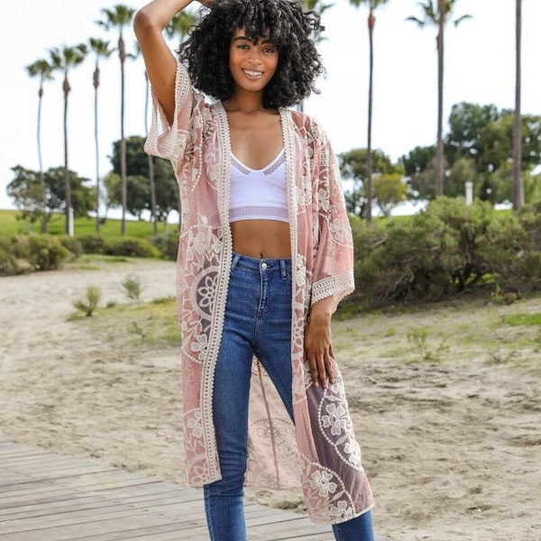 Pink Lace Kimono Duster Crochet Lace