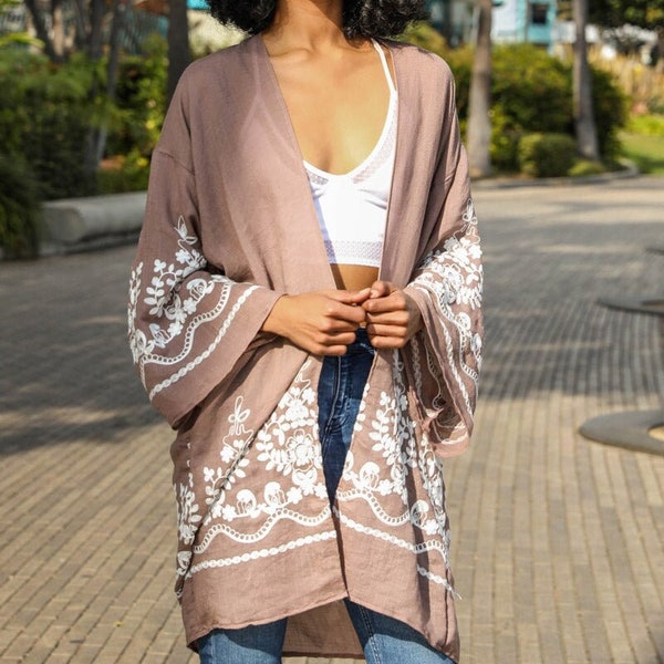 Flower Embroidery Brown Kimono Cardigan