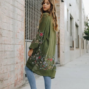 Embroidered Kimono, Spring Floral Embroidered Kimonos in Olive Green