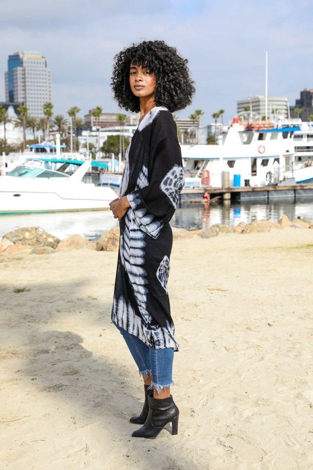 Black & White Tie Dye Long Kimono main image 1