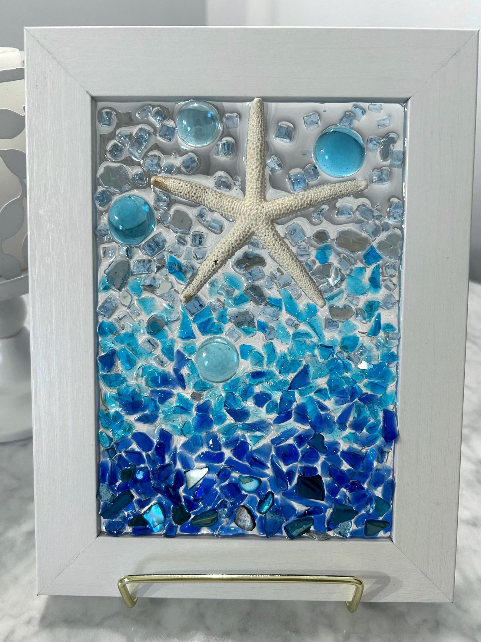 Sea Glass Starfish Art Crushed Glass Coastal Blue Beach House Wall Art ...