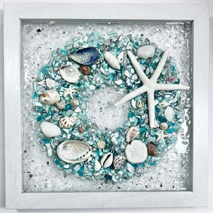 Coastal Shell Wreath Wall Art: Turquoise Resin Beach House Decor, 9” Framed