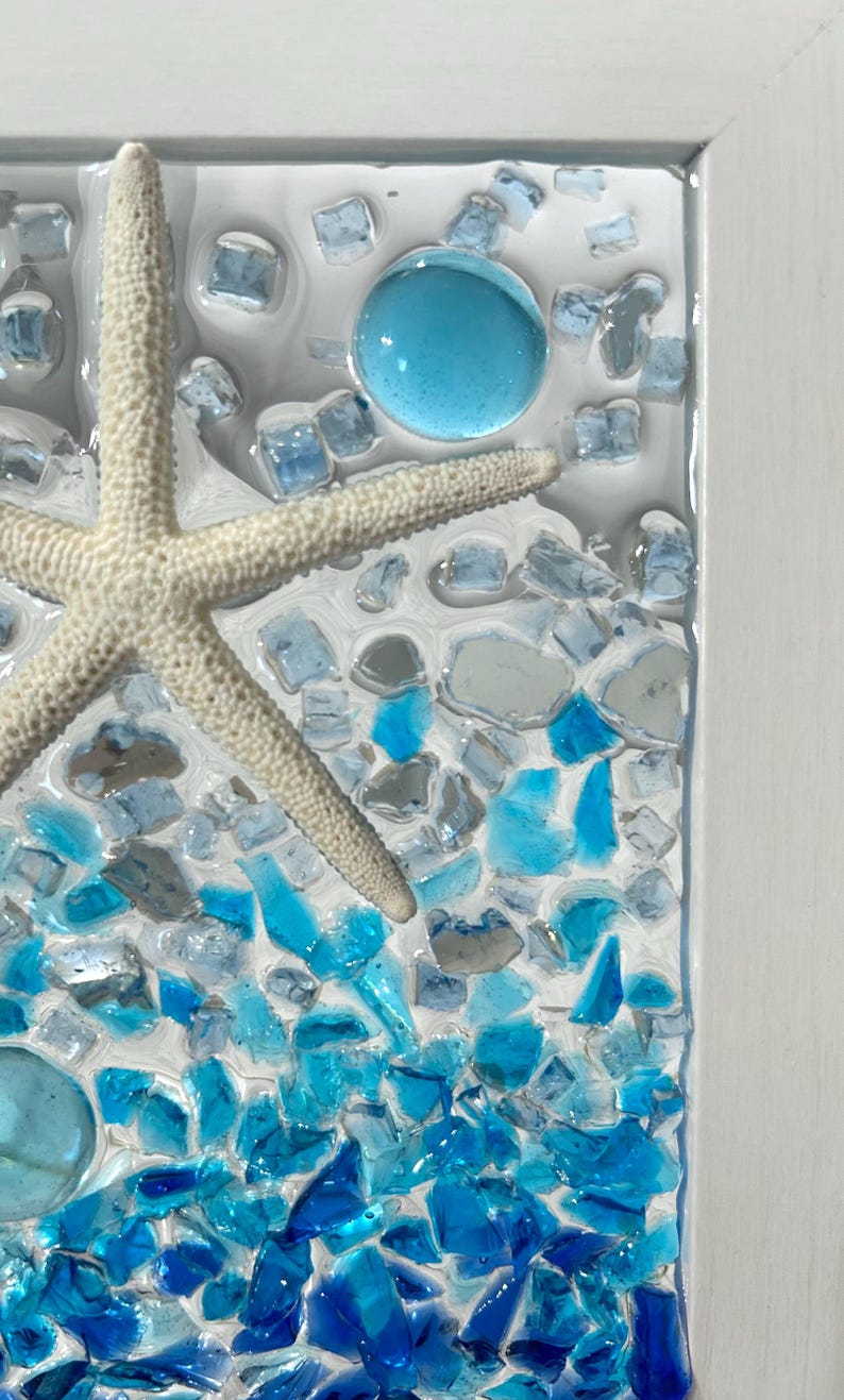 Sea Glass Starfish Art Crushed Glass Coastal Blue Beach House Wall Art ...