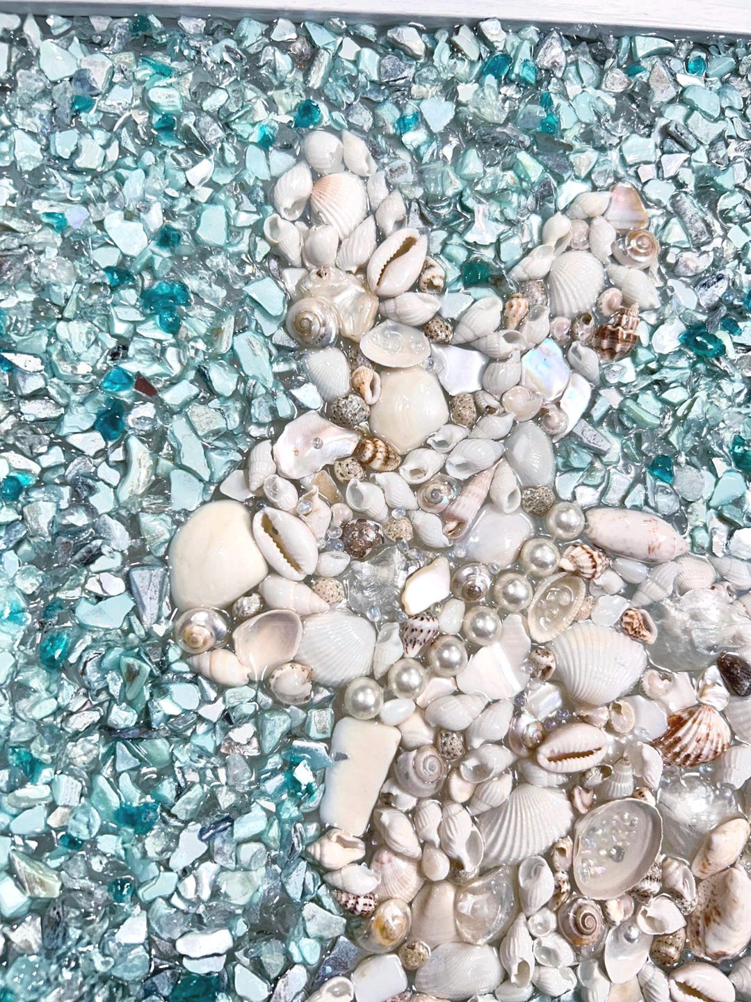 Seashell Bunny Art: Coastal Easter Decor, Teal Beach House Resin Frame ...