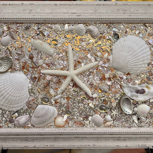 Seashell Resin Art/Beach Decor/Coastal wall art with Starfish/Beach house wall hanging/shell decor for coastal home/beach gift/Nautical Art