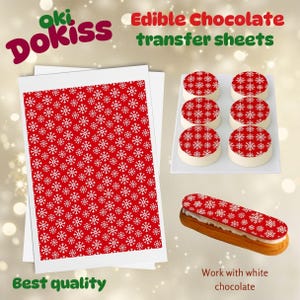 May include: Edible chocolate transfer sheets featuring a red snowflake design. The image displays sheets, round cakes, and an eclair decorated with the snowflake pattern. Text on the image reads "Edible Chocolate transfer sheets" and "Best quality."