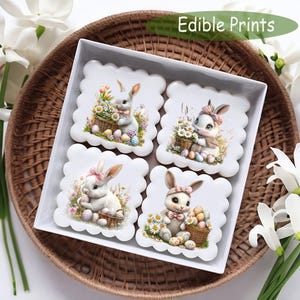 Peut inclure: Quatre impressions comestibles de lapins tenant des paniers d'œufs de Pâques. Les impressions sont sur des carrés blancs à bords festonnés et sont disposées dans une boîte blanche. La boîte est posée sur un panier en osier.