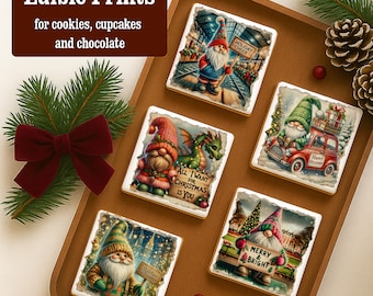 May include: Edible prints for cookies, cupcakes, and chocolate. The image shows square cookies with festive gnome designs. The cookies are arranged on a wooden tray with pine needles, a red bow, and pine cones.