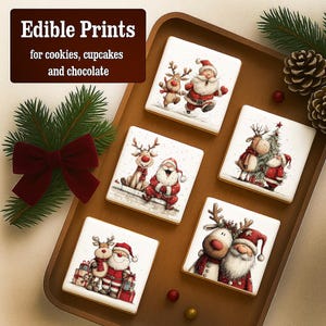 May include: Edible prints for cookies, cupcakes, and chocolate. The image shows square cookies with Christmas-themed designs, including Santa Claus and reindeer. The cookies are arranged on a wooden tray with festive decorations like pine needles and a red bow.