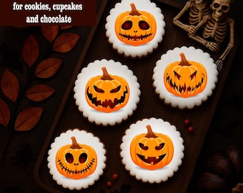Halloween Pumpkin Edible Cookies and Cupcakes Toppers: Wafer Paper, Frosting & Chocolate Transfers