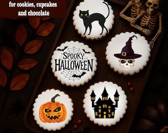 Halloween 100% Edible Cookies and Cupcakes Toppers: Wafer Paper, Frosting & Chocolate Transfers