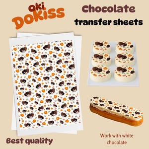 May include: Chocolate transfer sheets with a Thanksgiving design. The sheets display a pattern of turkeys, pumpkins, and leaves. The image also shows decorated cakes and an éclair with the same design. The text says "Best quality" and "Work with white chocolate."