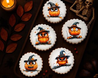 Halloween Pumpkin Edible Cookies and Cupcakes Toppers: Wafer Paper, Frosting & Chocolate Transfers
