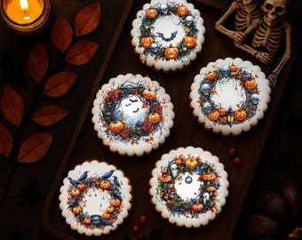 Halloween Wreath Edible Cookies and Cupcakes Toppers: Wafer Paper, Frosting & Chocolate Transfers