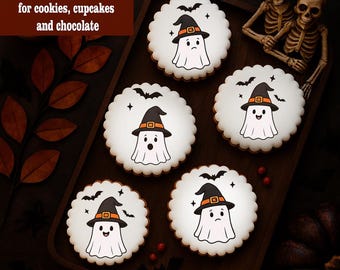 Ghosts 100% Edible Cookies and Cupcakes Toppers: Wafer Paper, Frosting & Chocolate Transfers