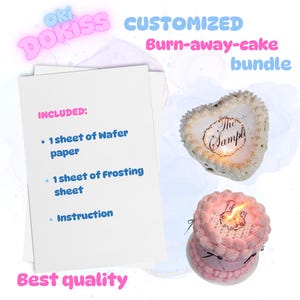 May include: A white sheet of paper with the text "oki DOKiSS CUSTOMIZED Burn-away-cake bundle" in pink and blue letters. The paper lists the items included in the bundle: 1 sheet of wafer paper, 1 sheet of frosting sheet, and instructions. The image also shows two cakes, one heart-shaped and one round, both with edible images printed on them.