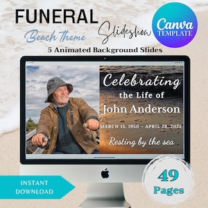 May include: A computer monitor displays a beach-themed funeral slideshow template. The text includes "Funeral," "Beach Theme," and "Celebrating the Life of John Anderson." The template features 5 animated background slides and is an instant download.