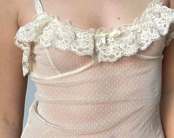 Coquette lace cami top with bows decoration, cream color