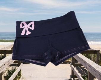 Pink bow and navy foldover waistband summer shorts