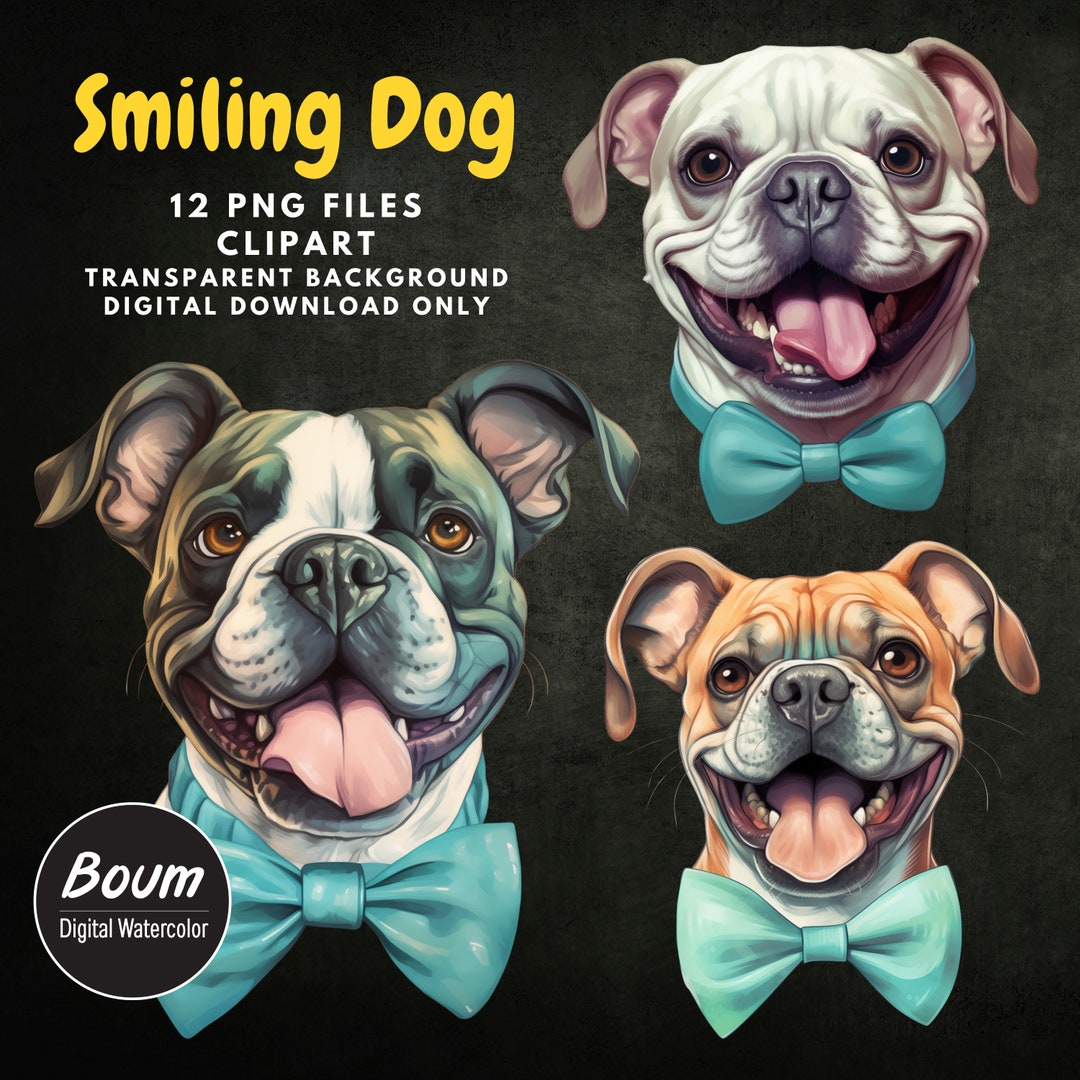 Smiling Dog Vector Smiling Dog Bundle, 12 PNG Files Clipart Digital Watercolor ...