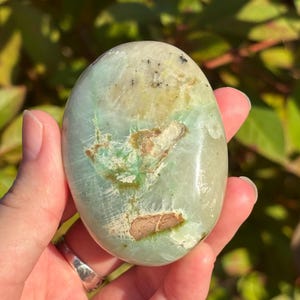 May include: A smooth, green and white polished stone with a unique pattern. The stone has a light green base with white and brown swirls and black flecks.