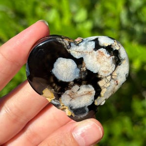 Black Flower Agate Heart Carving - Polished Natural Stone - Crystal Home Decor -