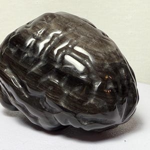 May include: A polished, dark gray obsidian sculpture with a rounded, organic shape. The surface has a glossy finish and displays natural patterns. The sculpture is likely a decorative item or a piece of art.