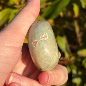 May include: A smooth, green and white polished stone with brown inclusions. The stone is oval shaped and has a glossy finish.