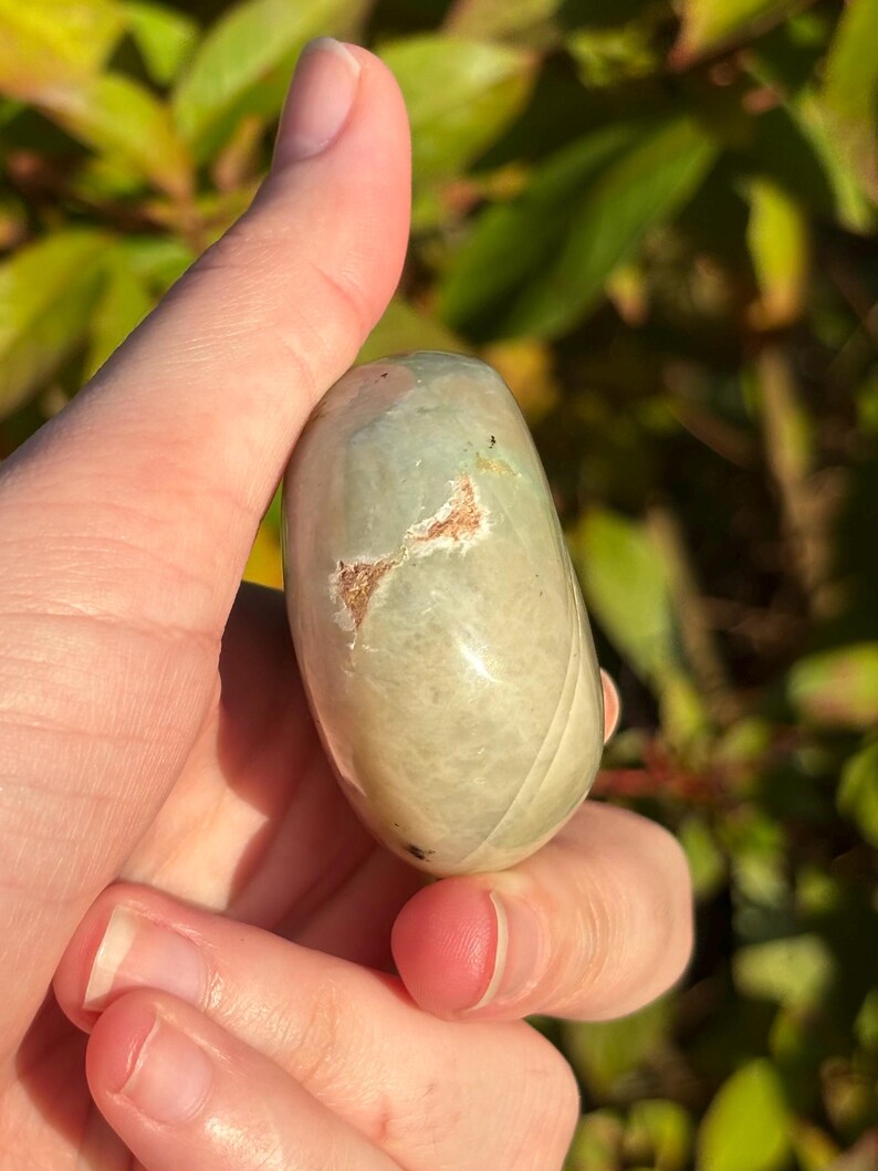 May include: A smooth, green and white polished stone with brown inclusions. The stone is oval shaped and has a glossy finish.