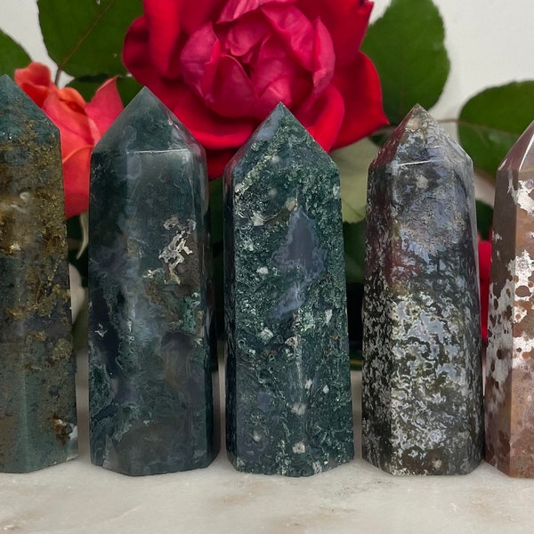 Moss Agate Mixed with Ocean Jasper Tower Set - Natural Moss Agate Tower- Natural Ocean Jasper Tower- Polished Point Towers - Crystal