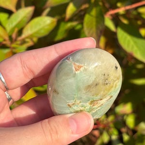 May include: A smooth, green and white polished stone with brown and black inclusions. The stone is oval shaped and has a glossy finish.