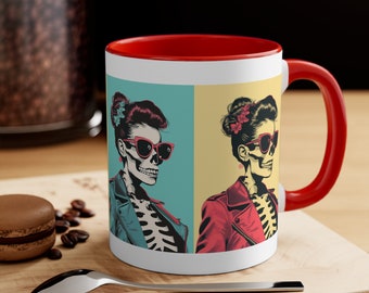 Rockabilly Pop Art Becher, Skelett Frau Becher, hochwertige Keramik Kaffeetasse, Cooles Geschenk, Rockabilly Kunst, Rockabilly Fashion, Skull Frau