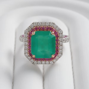 Certified Natural Columbian Emerald Engagement Ring in 9K white Gold, Unique Vintage ring, Ruby and Diamond Ring with Halo, Gift for her