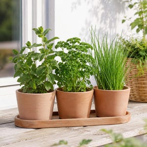 Può includere: Tre vasi in terracotta contenenti erbe verdi fresche, tra cui menta, prezzemolo riccio ed erba cipollina, disposti in fila su un vassoio allungato in terracotta abbinato. I vasi presentano una finitura opaca e liscia e una forma cilindrica.