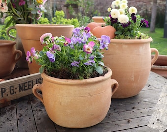 Flower pot with handles made of ceramic - frost-proof and handmade 15 and 24 cm high