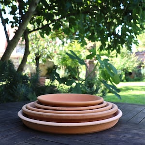 Può includere: Una pila di cinque sottovasi in terracotta di diverse dimensioni. I sottovasi sono di un caldo colore marrone-arancio terroso e hanno un design semplice e arrotondato. Sono disposti su una superficie di legno scuro, con uno sfondo verde sfocato.