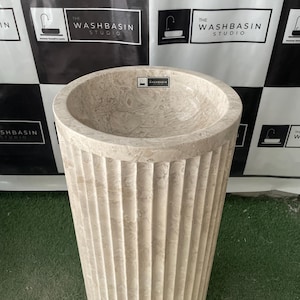 Beige Marble Freestanding Washbasin | Pedestal Basin | Handcrafted Natural Stone Sink for Luxurious Bathrooms