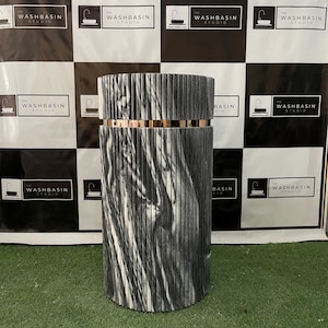 Black and White Marble Fluted Freestanding Washbasin | Handcrafted Natural Stone Pedestal Sink.