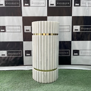 White Marble Freestanding Washbasin | Handcrafted Natural Stone Pedestal Sink | Timeless Elegance for Modern Bathrooms.