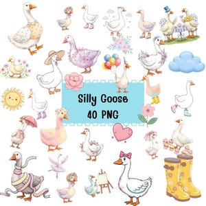 Silly Goose Cute PNG Clipart Set with 40 Hand-Drawn Funny Goose Illustrations for Scrapbooking, Kids Crafts, Invitations, Digital Design