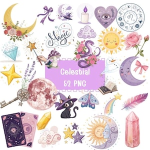 May include: A selection of celestial-themed digital graphics. Features moons, stars, a cat in a witch hat, tarot cards, and a crystal. The text "Celestial 52 PNG" is visible. The graphics are in shades of purple, gold, and pink.