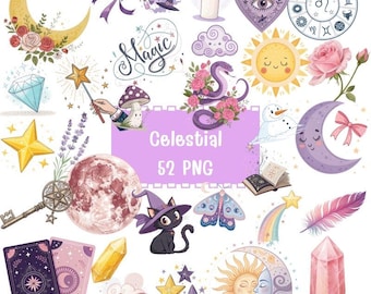 Pacchetto PNG mistico e celeste con graziose illustrazioni magiche di luna, sole, stelle e cristalli per adesivi, scrapbooking, artigianato, arte digitale