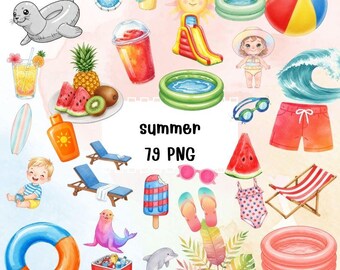Summer Fun Clip Art: Hand-Drawn Beach & Pool Illustrations (PNG)