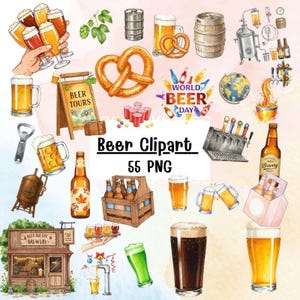 55 Beer Clipart PNG Bundle, Watercolor Brewery Graphics, Pub Art Illustrations, Oktoberfest Party Decor, Craft Beer Design Elements
