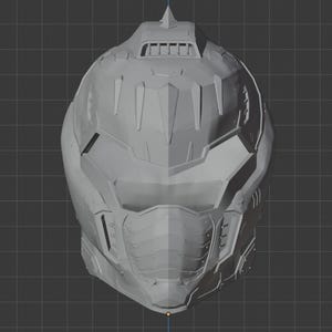 May include: A gray, futuristic helmet with a detailed, angular design. The helmet features multiple panels, vents, and a pointed top, suggesting a sci-fi or cosplay theme. The overall aesthetic is sleek and modern.