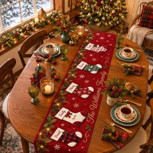 May include: A red Christmas table runner featuring a garland design with lights, white snowflakes, and five personalized stockings labeled with the names Sophia, Lucas, Olivia, Emily, and David, plus the text The Williams Family.