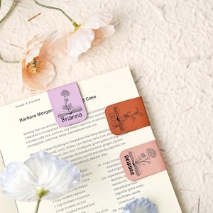 Name Bookmark with Birth Flower, Custom Leather Birth Flower Bookmark, Book Lover Birthday Gift for Her, Personalized Magnetic Bookmark
